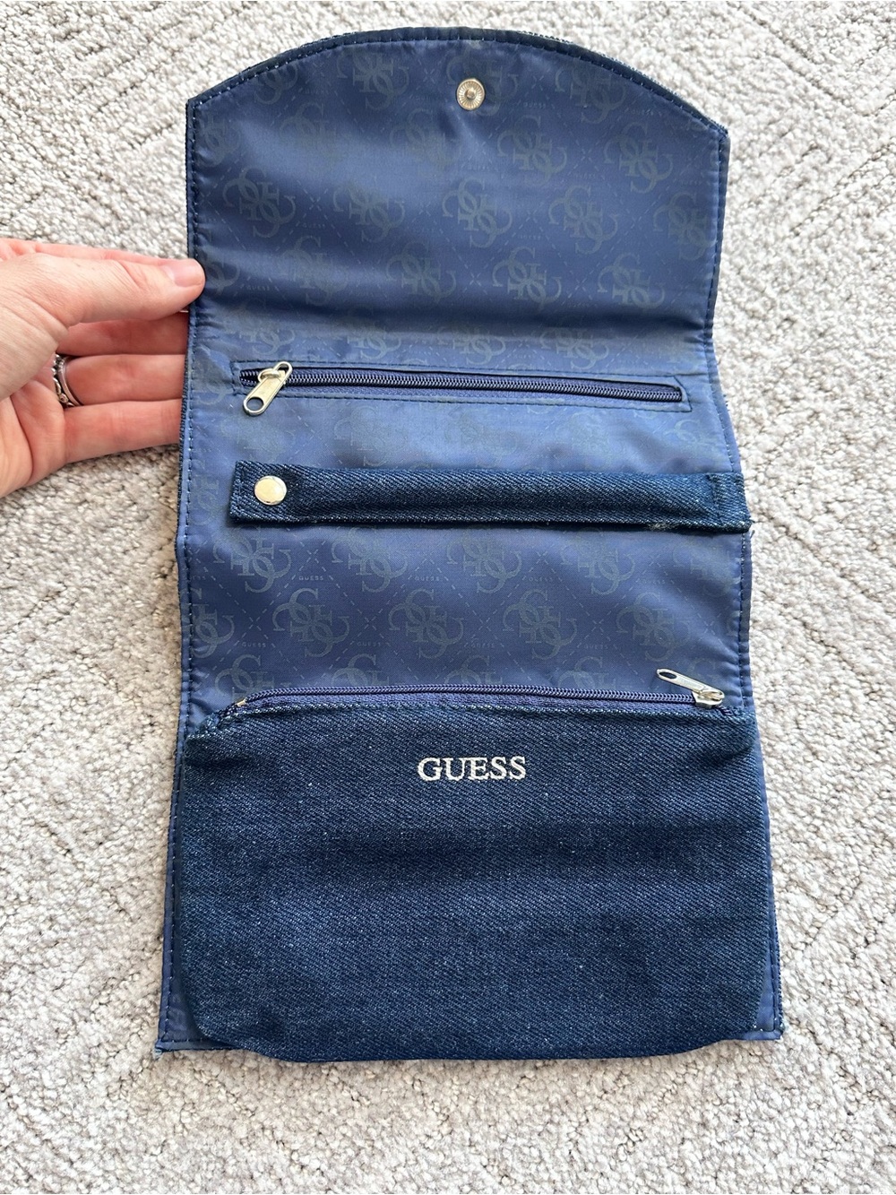 Guess Navy Denim Envelope Clutch Triangle Logo Structured Evening Bag - Picture 4 of 7